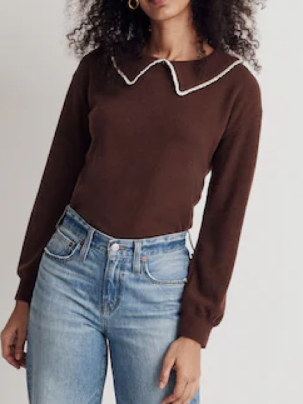 Madewell Chocolate Brown Sweater ruffle collar trim Retro S